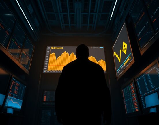 Anonymous whale figure standing in front of a Bitcoin price chart with a downward trend on a Binance trading screen.