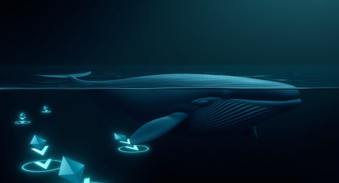 A digital whale swimming in an ocean with Ethereum symbols, representing a large crypto transaction.