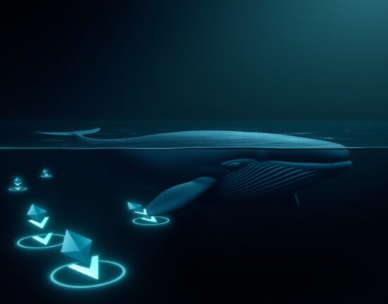 A digital whale swimming in an ocean with Ethereum symbols, representing a large crypto transaction.
