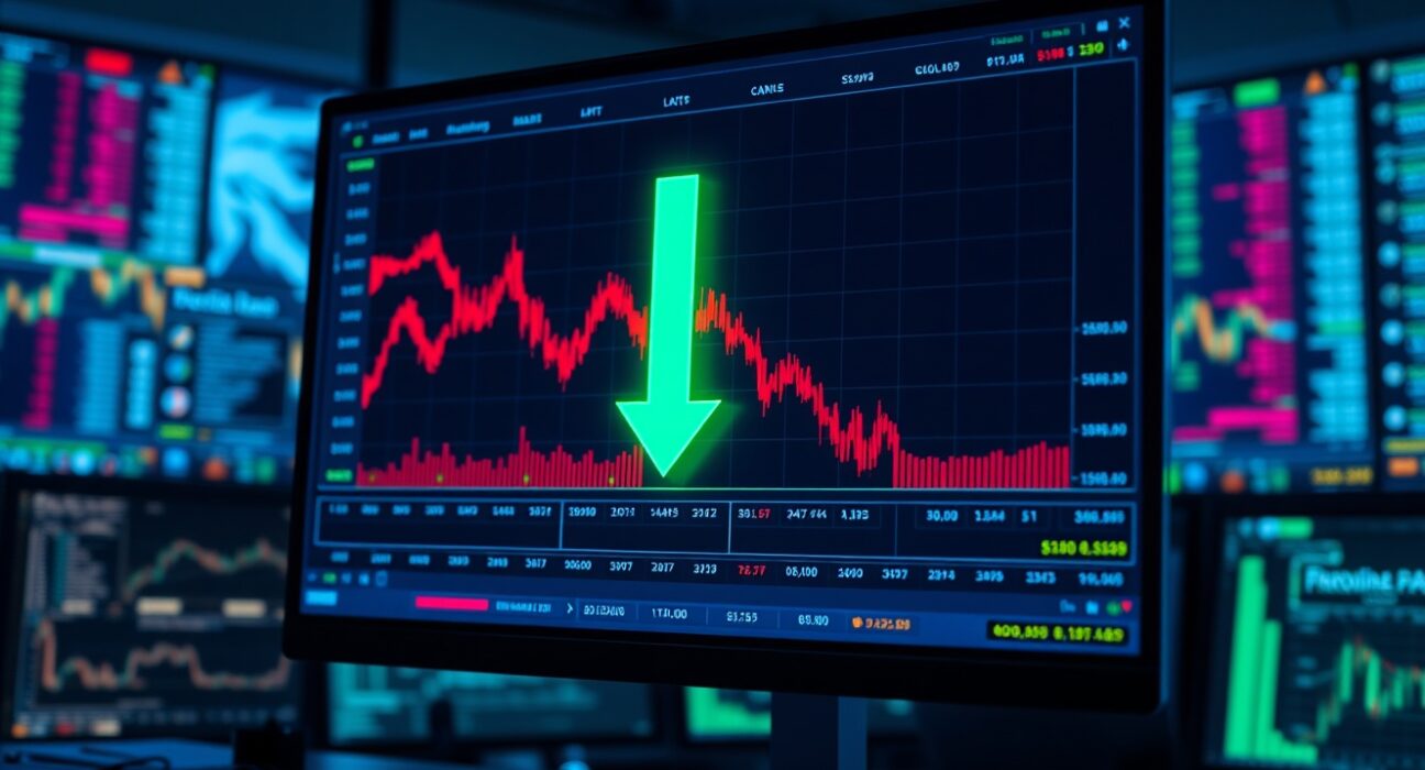 Digital trading screen showing a cryptocurrency exchange interface with a downward trend arrow.