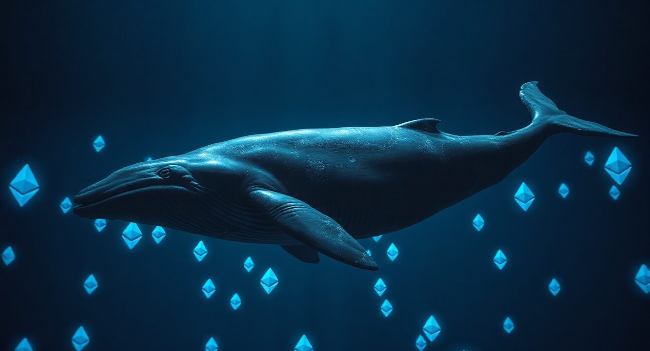 A digital whale swimming through Ethereum symbols in a blockchain network background