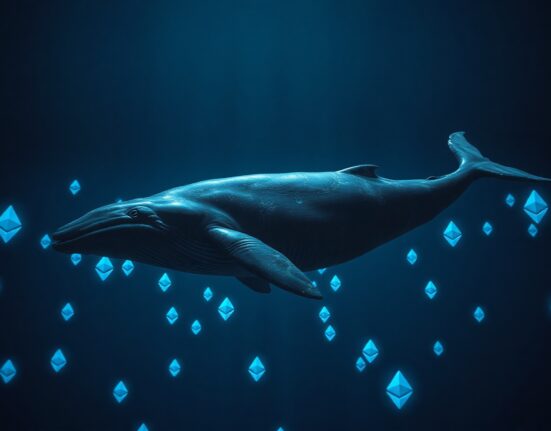 A digital whale swimming through Ethereum symbols in a blockchain network background