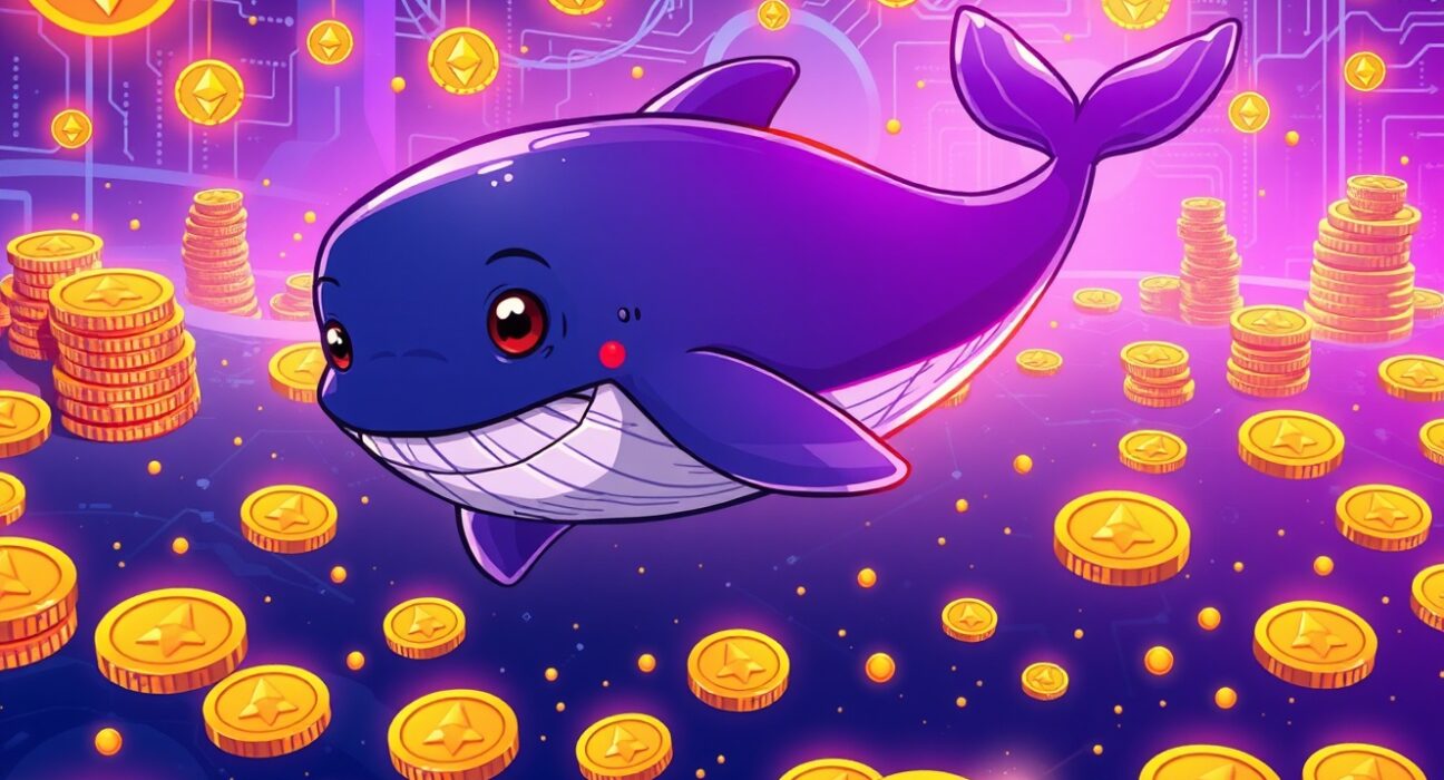 Anonymous whale accumulating Ethereum cryptocurrency in vibrant digital ocean