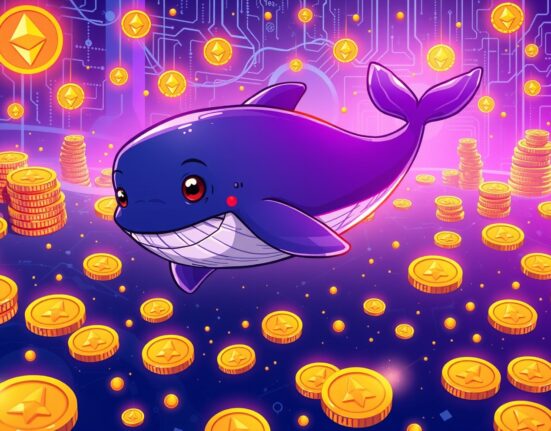 Anonymous whale accumulating Ethereum cryptocurrency in vibrant digital ocean