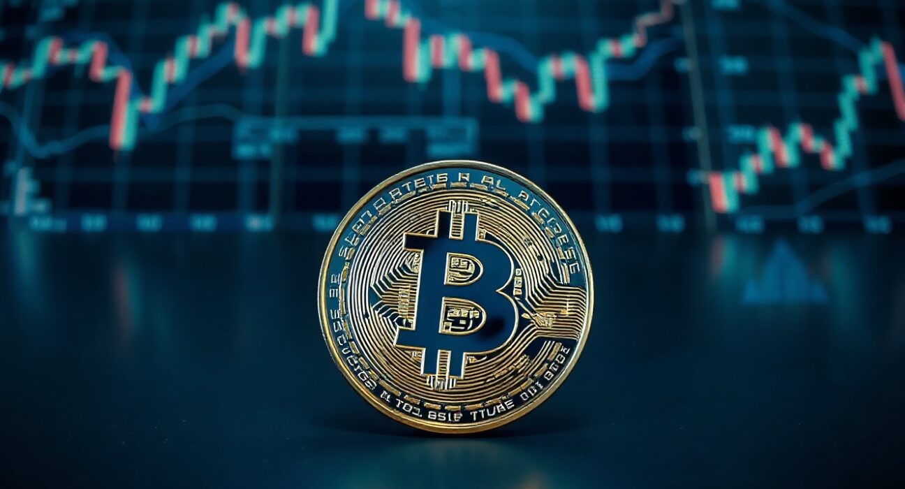 Bitcoin coin on reflective surface with financial charts in background