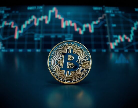 Bitcoin coin on reflective surface with financial charts in background