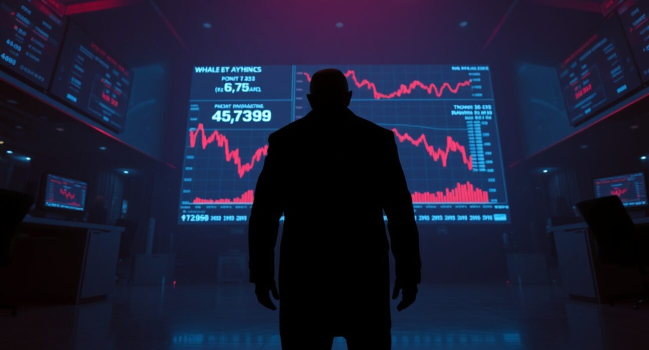 Anonymous whale trader watching a HYPE chart with a red downward trend on a dark trading floor