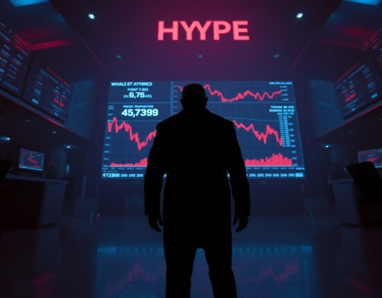 Anonymous whale trader watching a HYPE chart with a red downward trend on a dark trading floor