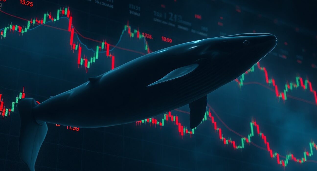 Illustration of a whale silhouette over digital trading charts, representing a large Bitcoin short position on Hyperliquid.