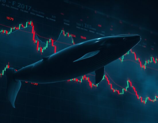 Illustration of a whale silhouette over digital trading charts, representing a large Bitcoin short position on Hyperliquid.