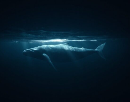 A large whale swimming in dark ocean water, representing a major cryptocurrency whale trade.
