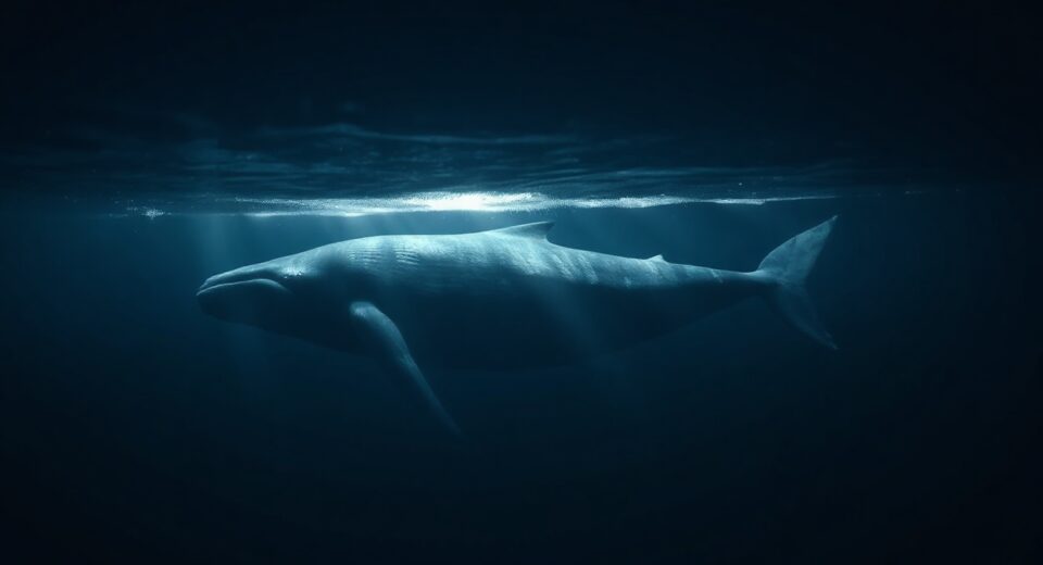 A large whale swimming in dark ocean water, representing a major cryptocurrency whale trade.