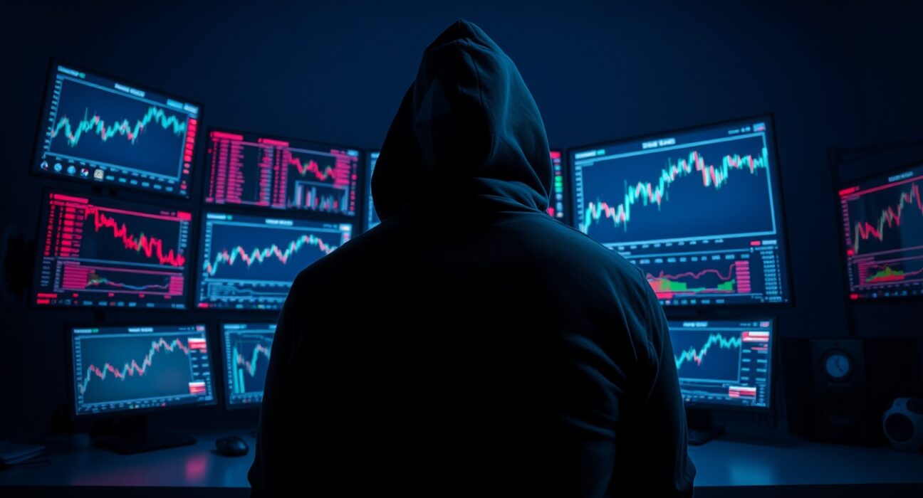 Anonymous trader monitoring Ethereum price charts on multiple screens in a dark room