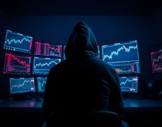 Anonymous trader monitoring Ethereum price charts on multiple screens in a dark room