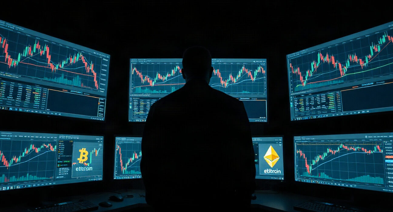 Silhouette of a trader monitoring Bitcoin and Ethereum charts on multiple screens in a dark room.