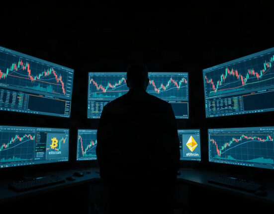 Silhouette of a trader monitoring Bitcoin and Ethereum charts on multiple screens in a dark room.