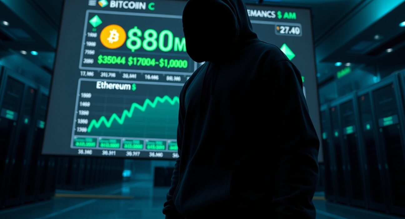 Anonymous figure in hoodie watching crypto price charts on a large display showing Bitcoin and Ethereum gains.