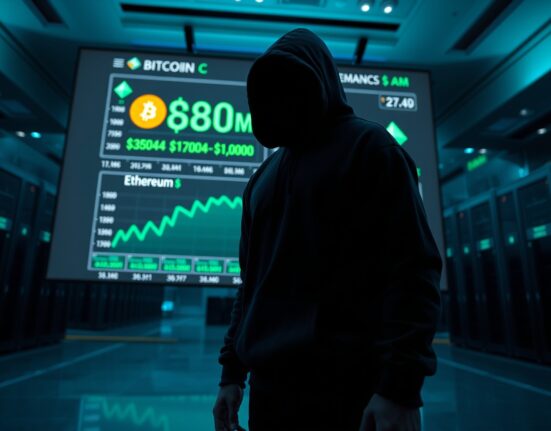 Anonymous figure in hoodie watching crypto price charts on a large display showing Bitcoin and Ethereum gains.