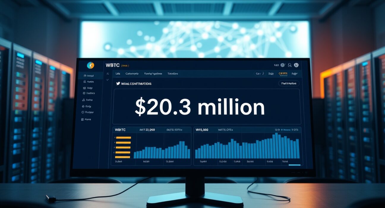 Digital dashboard showing a $20.3 million WBTC transaction on a blockchain network.