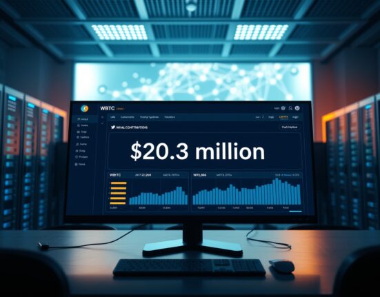 Digital dashboard showing a $20.3 million WBTC transaction on a blockchain network.