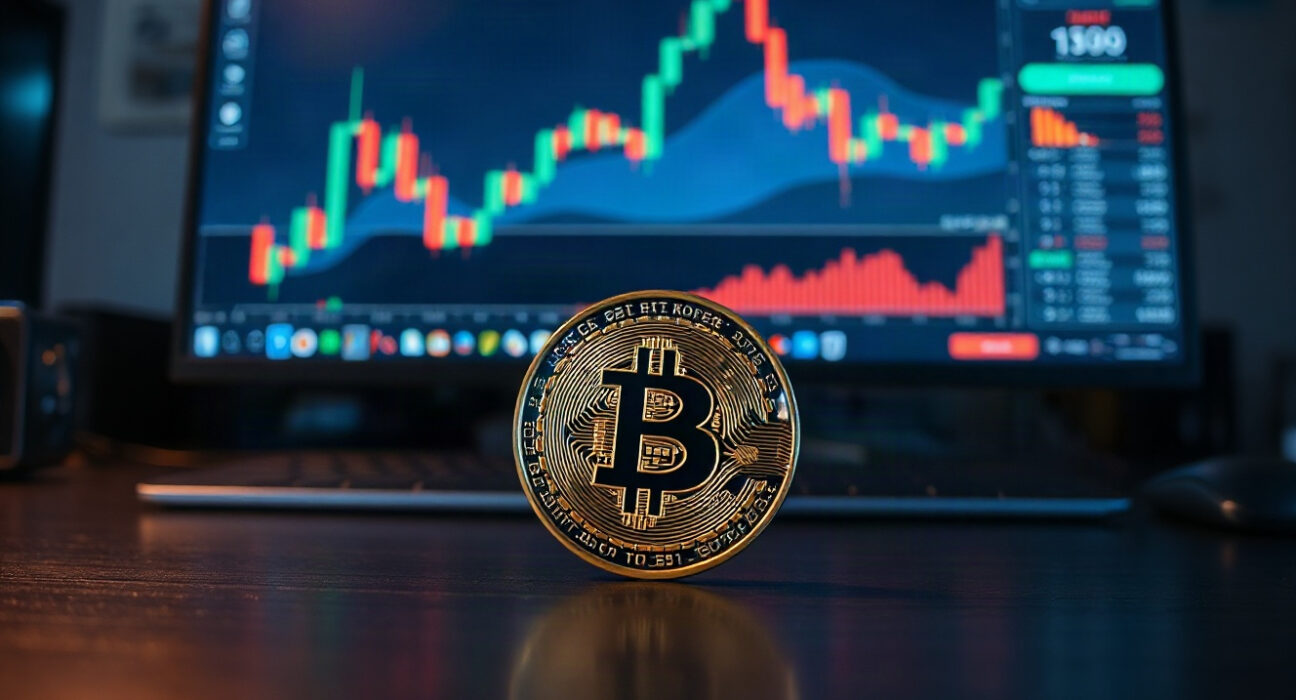 Bitcoin coin on reflective surface with trading chart in background