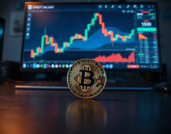 Bitcoin coin on reflective surface with trading chart in background