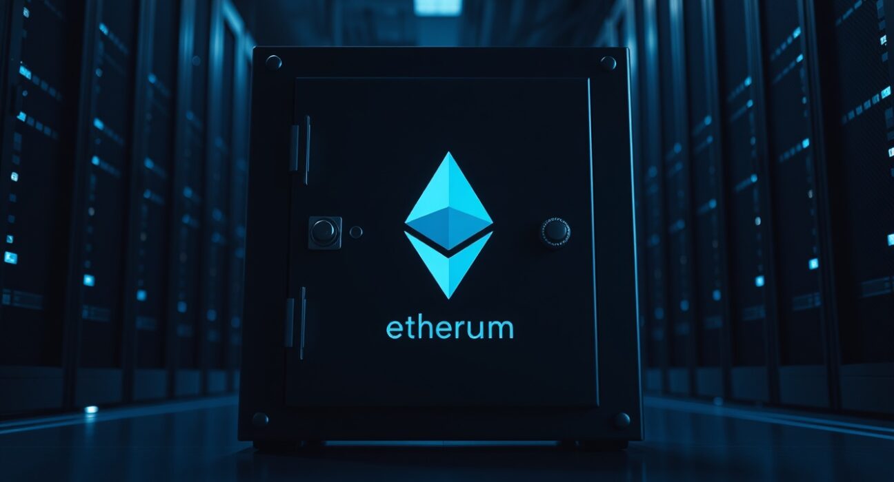 Digital vault with Ethereum logo representing a large anonymous crypto whale transaction.