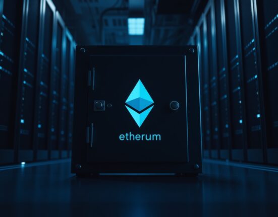 Digital vault with Ethereum logo representing a large anonymous crypto whale transaction.
