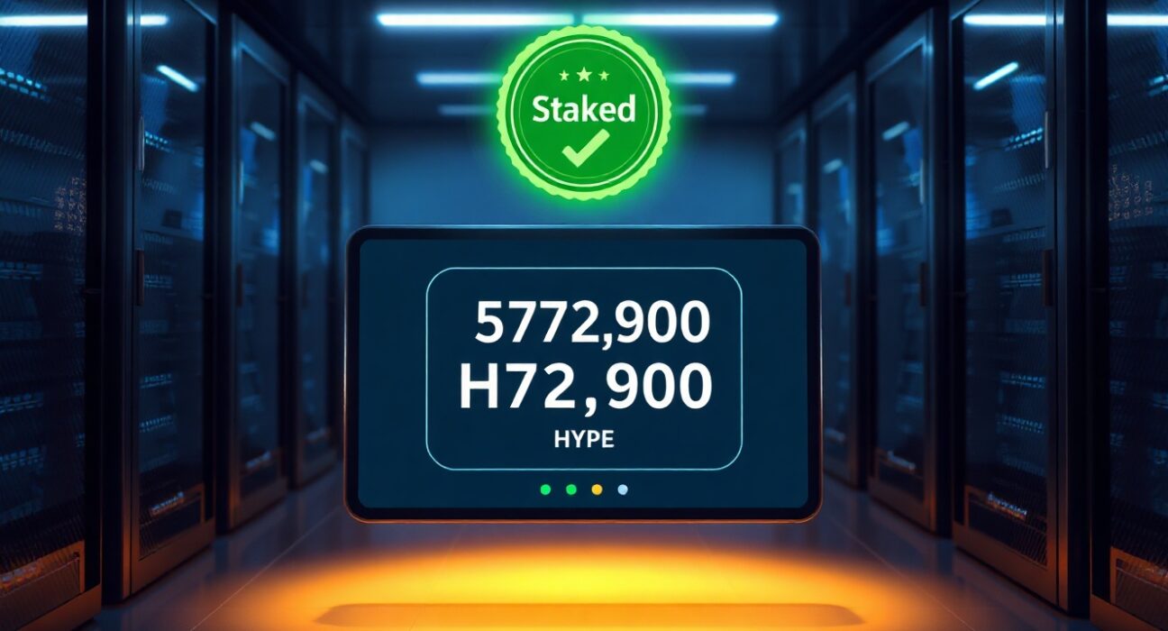 Digital wallet interface showing a large HYPE staking confirmation in a server room