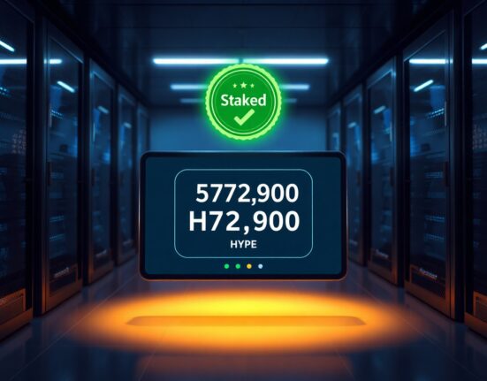 Digital wallet interface showing a large HYPE staking confirmation in a server room