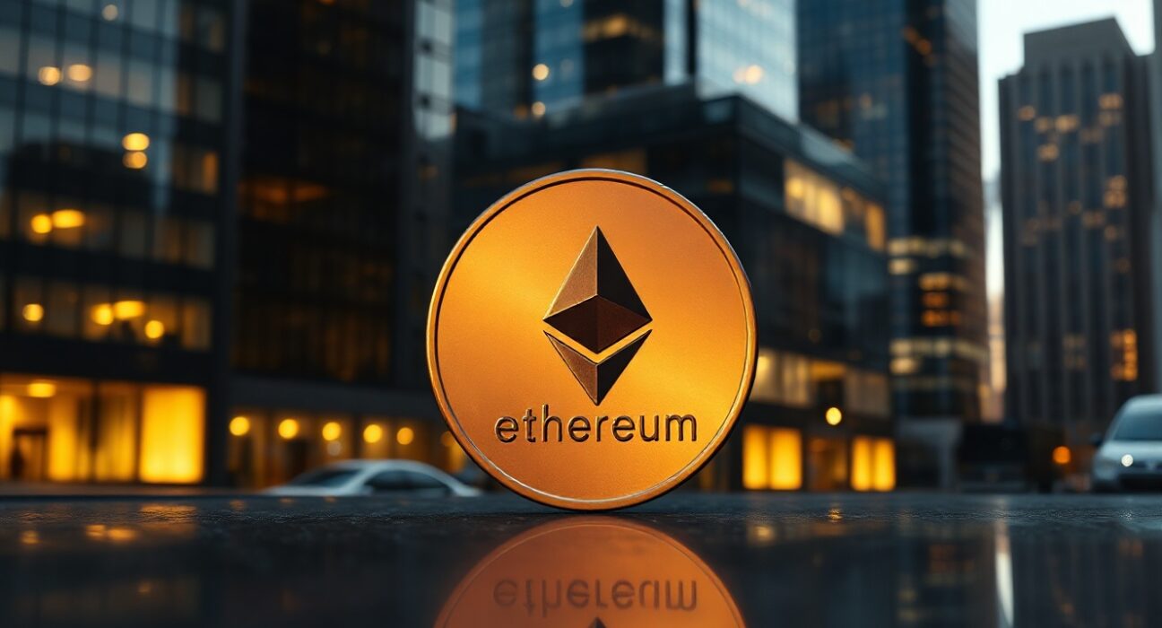 Ethereum coin on reflective surface with city skyline background, symbolizing large-scale staking