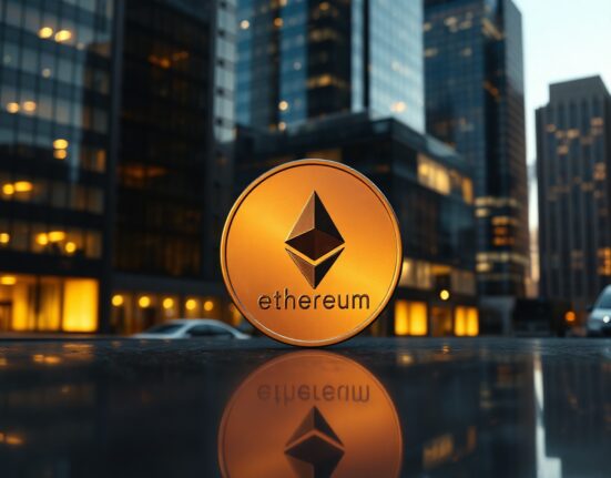 Ethereum coin on reflective surface with city skyline background, symbolizing large-scale staking