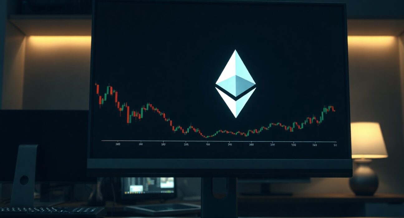 Digital wallet interface showing a large Ethereum transaction with a glowing ETH symbol in a dark trading room.