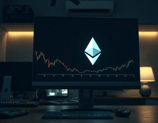 Digital wallet interface showing a large Ethereum transaction with a glowing ETH symbol in a dark trading room.