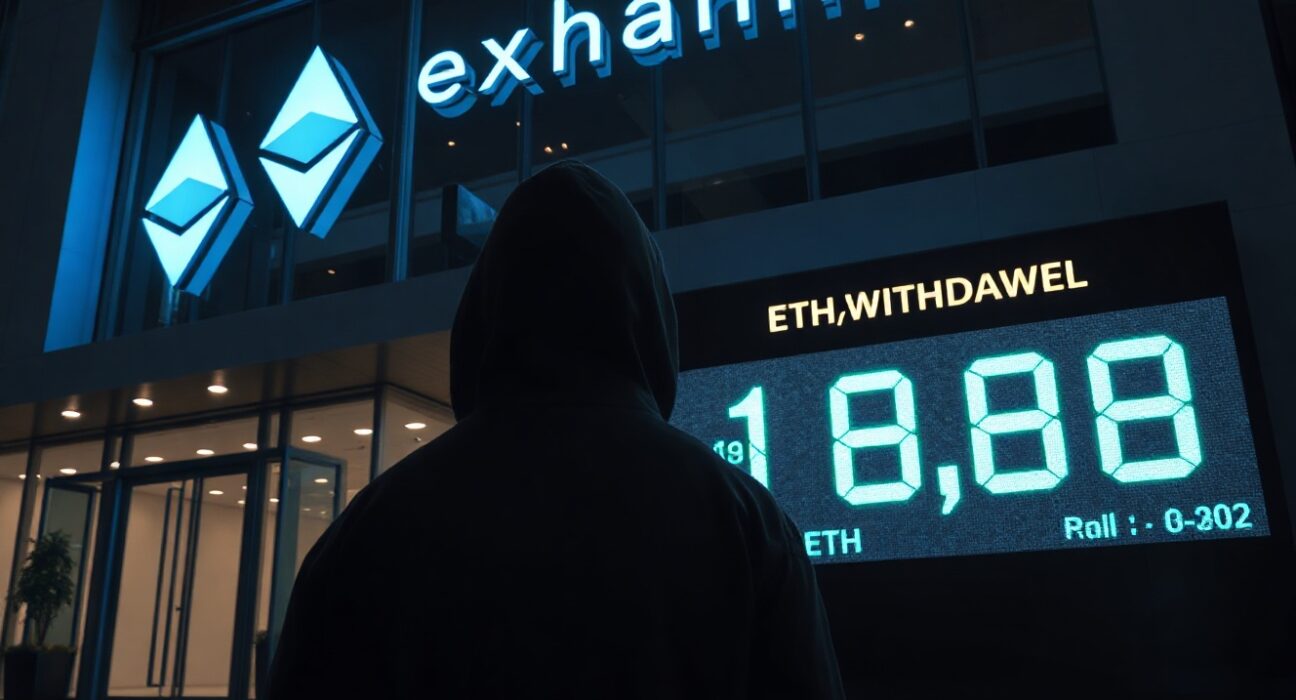 Anonymous figure near a digital screen showing a large Ethereum withdrawal from Binance exchange at night.