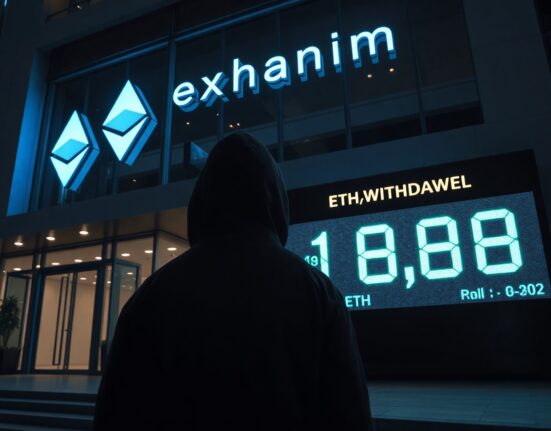 Anonymous figure near a digital screen showing a large Ethereum withdrawal from Binance exchange at night.