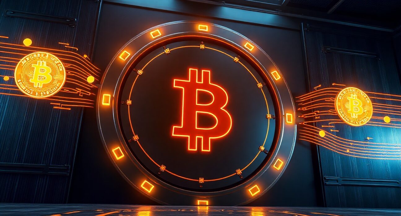 Digital vault with glowing Bitcoin symbols representing a large cryptocurrency withdrawal