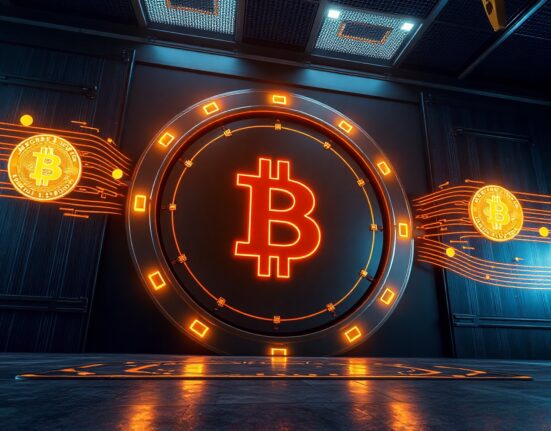 Digital vault with glowing Bitcoin symbols representing a large cryptocurrency withdrawal