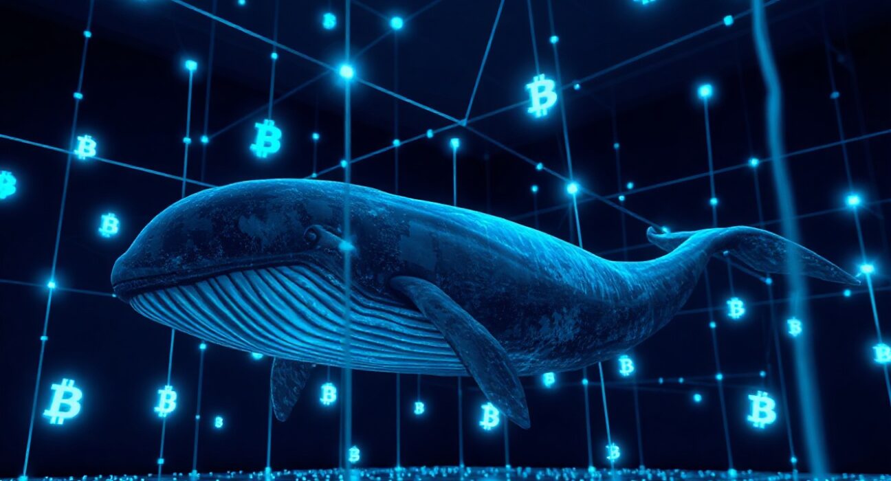 A digital whale swimming through a network of glowing cryptocurrency symbols, representing a large crypto transaction.