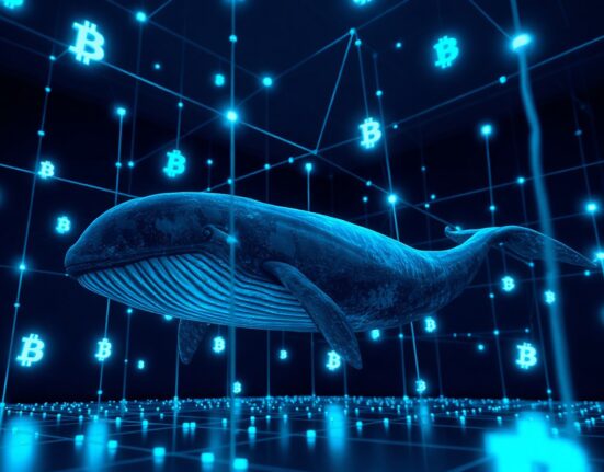 A digital whale swimming through a network of glowing cryptocurrency symbols, representing a large crypto transaction.