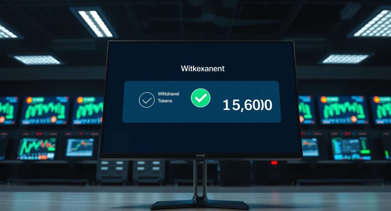 A monitor displaying a HYPE token withdrawal confirmation on a cryptocurrency exchange interface in a dim trading office.