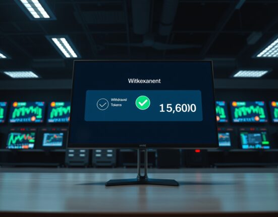 A monitor displaying a HYPE token withdrawal confirmation on a cryptocurrency exchange interface in a dim trading office.