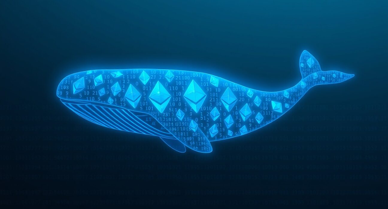 Digital whale made of Ethereum symbols swimming through a blockchain network background