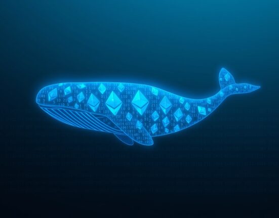 Digital whale made of Ethereum symbols swimming through a blockchain network background