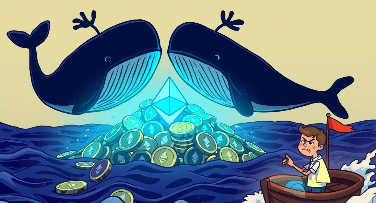 Anonymous cryptocurrency whales selling a large amount of Ethereum coins in a dramatic market scene