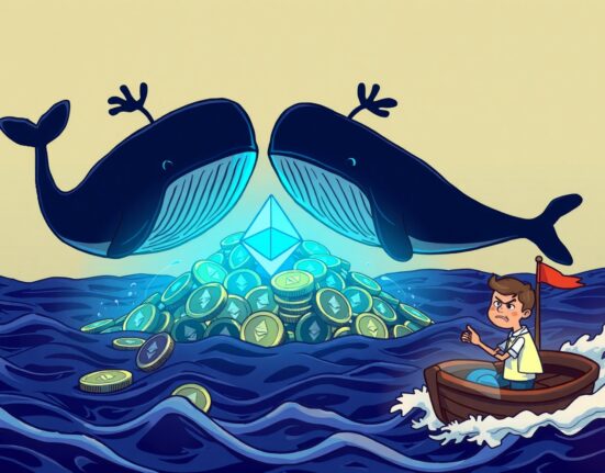 Anonymous cryptocurrency whales selling a large amount of Ethereum coins in a dramatic market scene