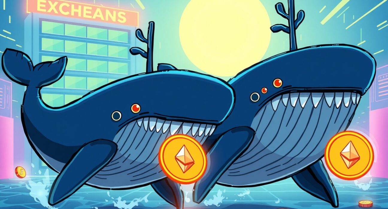Anonymous whales withdraw ETH from a major exchange in a vibrant cartoon scene.