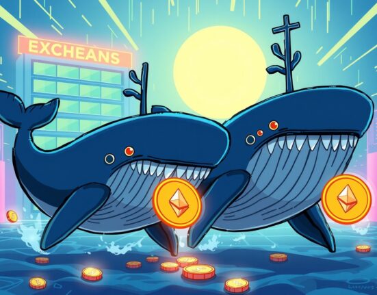 Anonymous whales withdraw ETH from a major exchange in a vibrant cartoon scene.