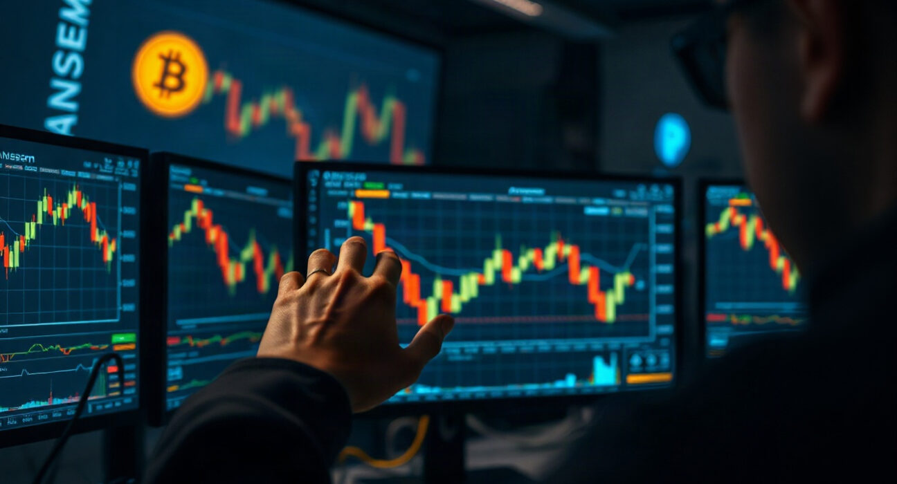 Crypto trader's hand pointing at a chart on a monitor in a dimly lit trading room