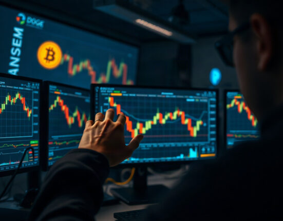 Crypto trader's hand pointing at a chart on a monitor in a dimly lit trading room